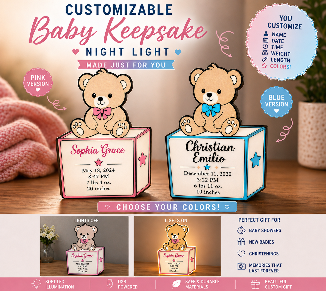 Custom Baby Keepsake Night Light – Personalized Name, Birth Stats & LED Glow